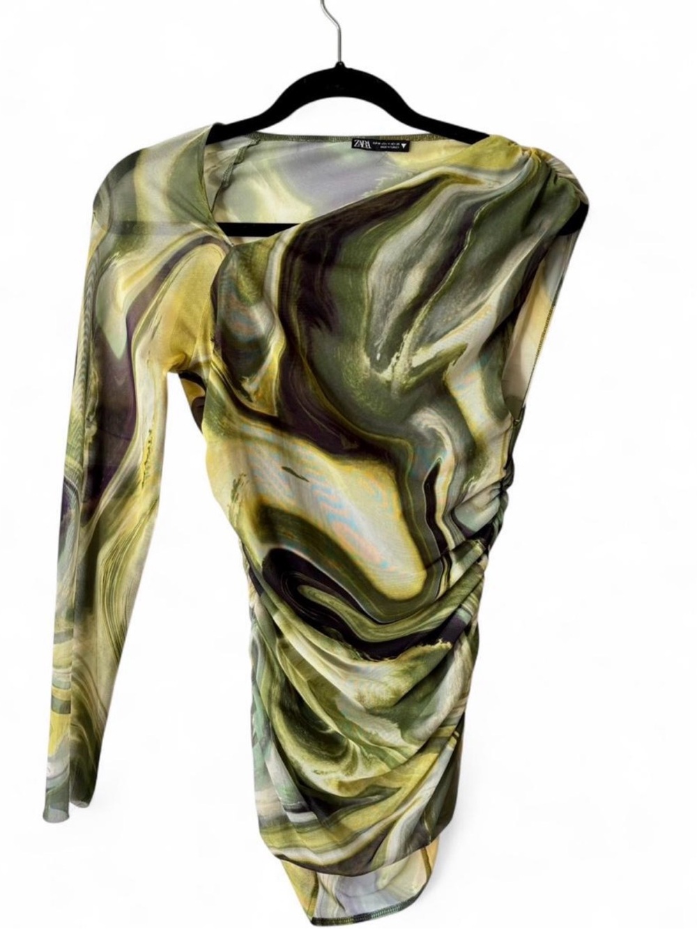 Zara Green Marble Asymmetric Ruched Long Sleeve Top abstract mesh art